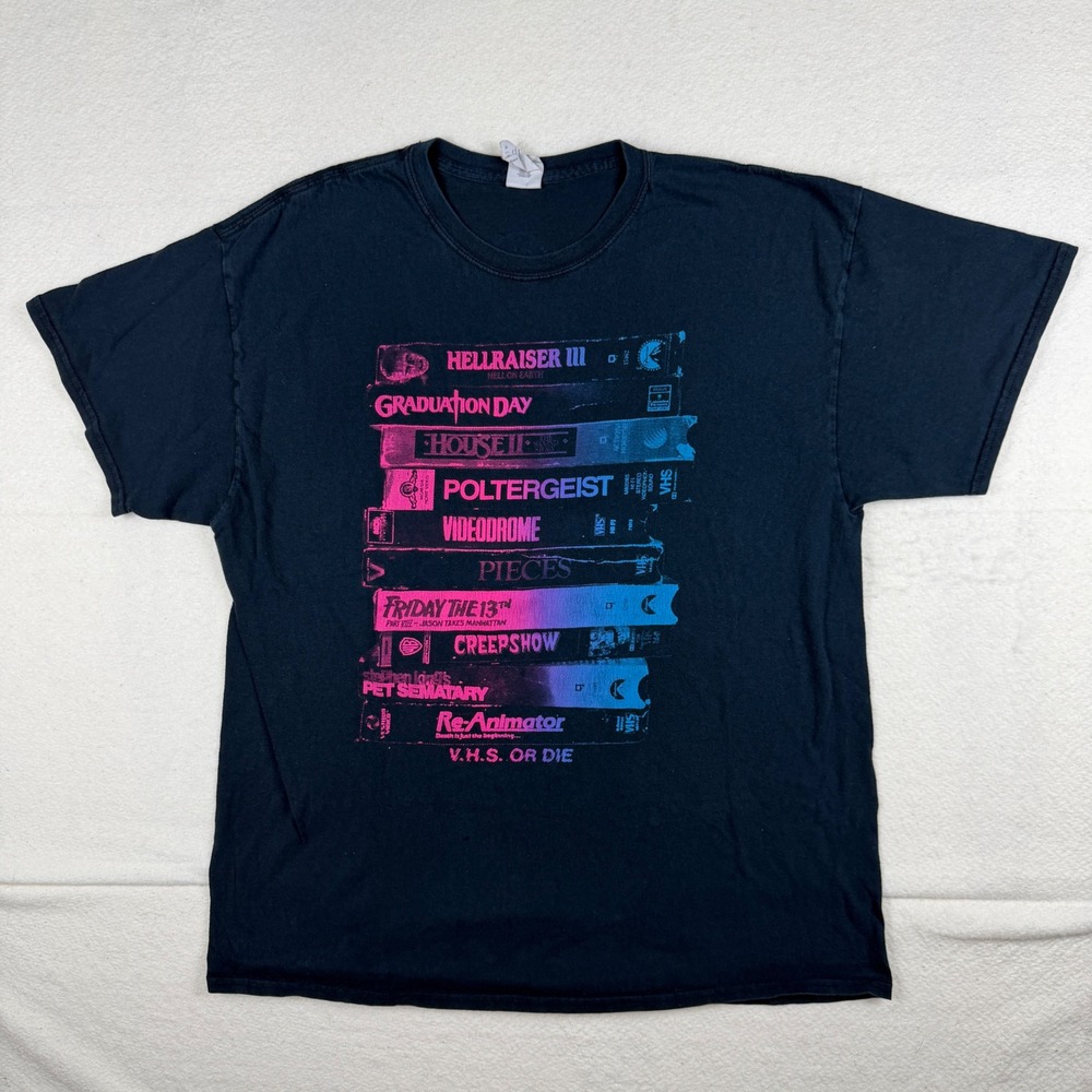Gildan VHS Or Die Horror Movie Graphic T-Shirt Black XL Hellraiser Poltergeist
